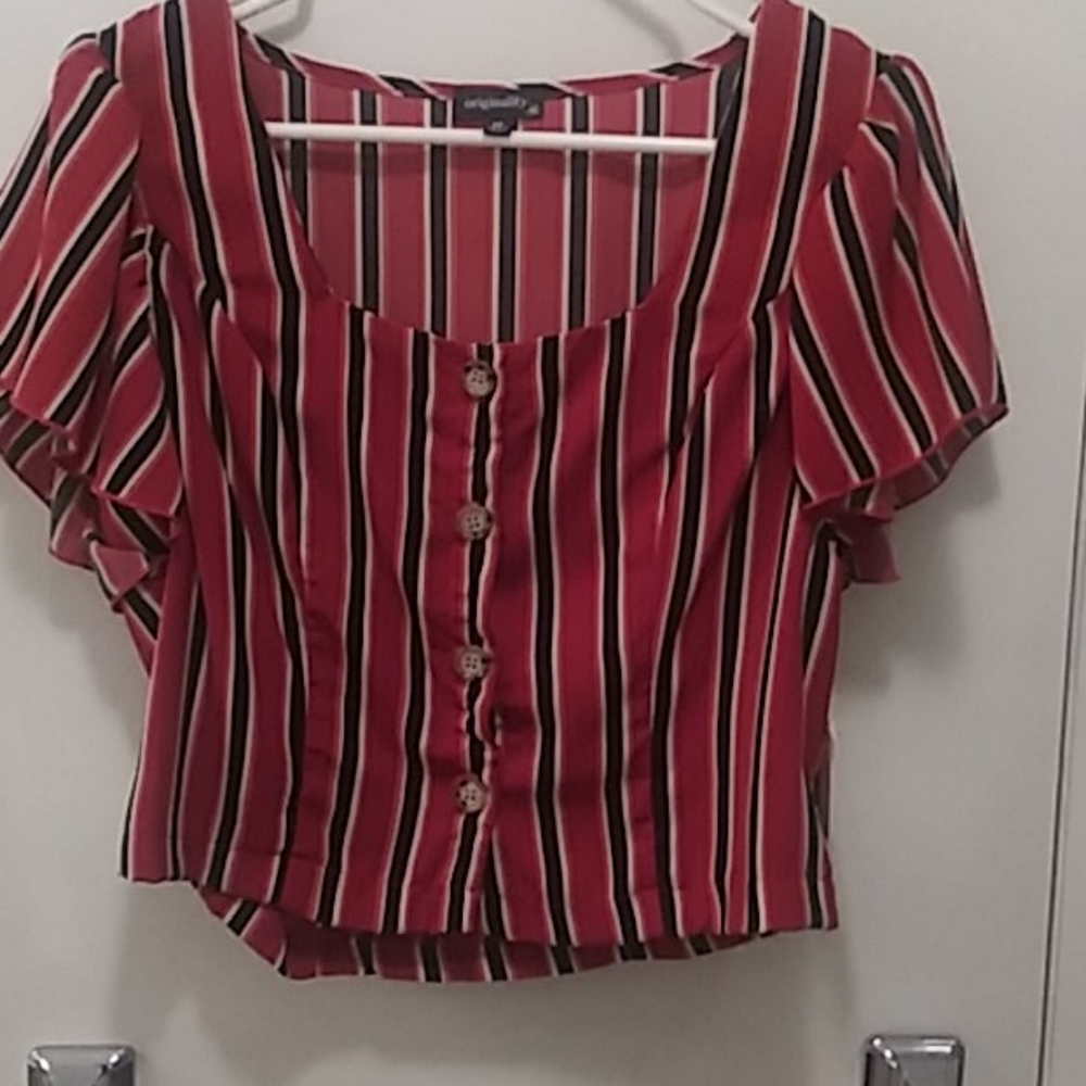 Striped button up cropped blouse with bell sleeves